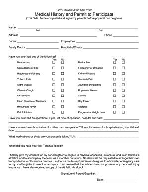 EAST GRAND RAPIDS ATHLETICS Medical Permit Form