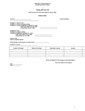 Delhi Value Added Tax Delivery Note