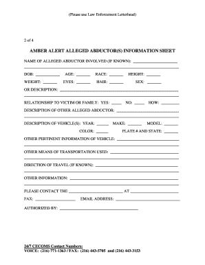 Amber Alert Abductor Information Sheet