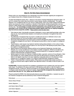 Variable Annuity Policy Feature Acknowledgement