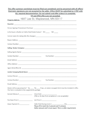 Real Estate Offer Summary Worksheet
