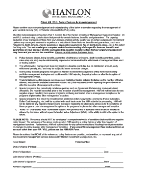 Variable Annuity Policy Feature Acknowledgement Form