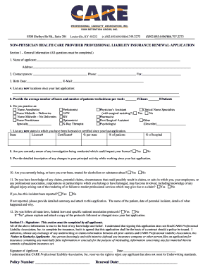 Non-Physician Health Care Provider Professional Liability Insurance Renewal Application