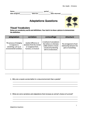 Science Adaptations Worksheet