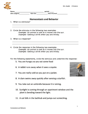 Homeostasis and Behavior Worksheet