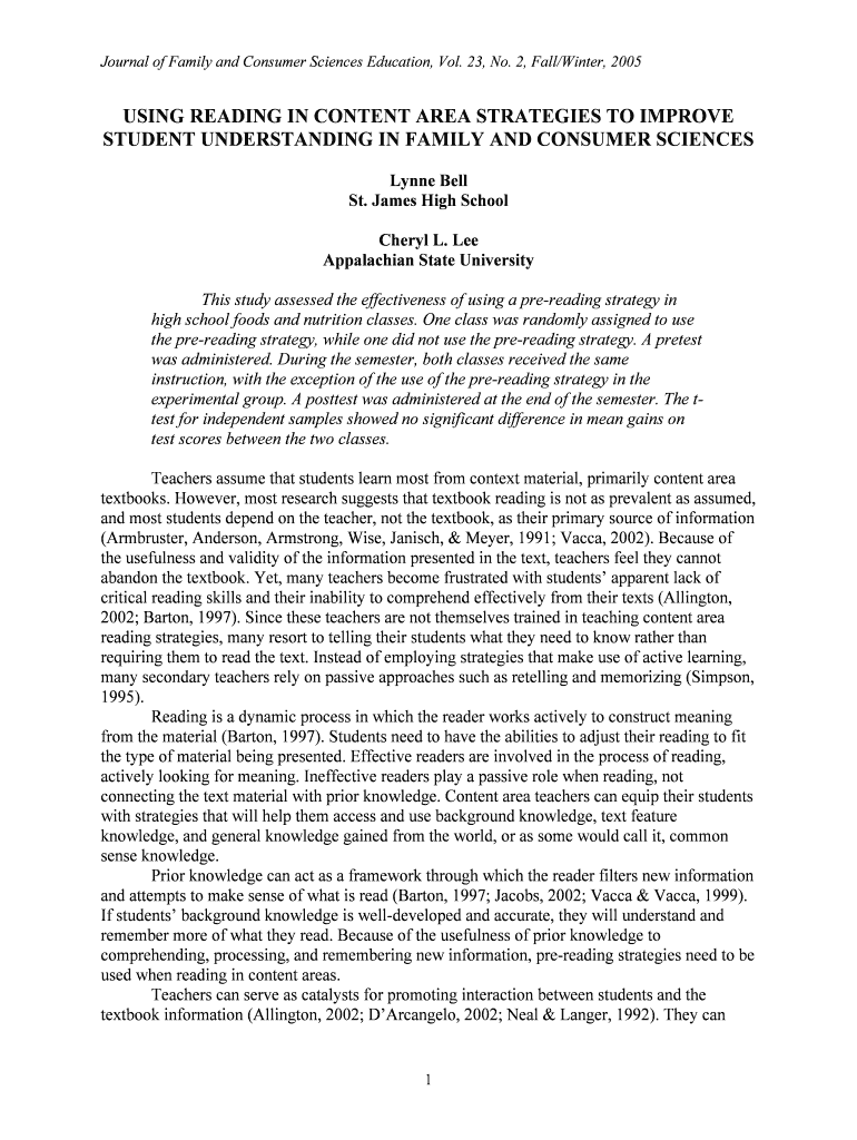 Fillable Online USING READING IN CONTENT AREA STRATEGIES TO IMPROVE Fax Email Print pdfFiller