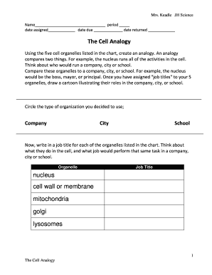 The Cell Analogy Worksheet