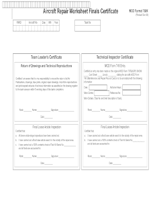Aircraft Repair Worksheet Final Certificate