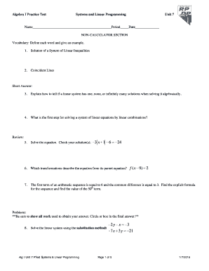 Goal setting template students - Alg I Unit 7 PTest Systems Linear Programming