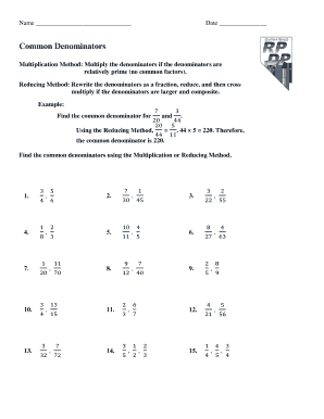 Math Worksheet - Finding Common Denominators