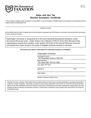 Ohio Sales and Use Tax Blanket Exemption Certificate