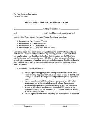 Vendor Compliance Program Agreement - Acehardware-Vendorscom