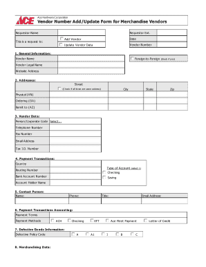 Vendor Number Add/Update Form for Merchandise Vendors