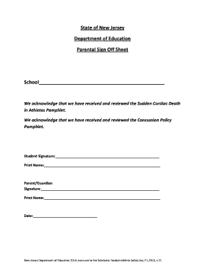New Jersey Sudden Cardiac Death and Concussion Policy Parental Sign Off Sheet