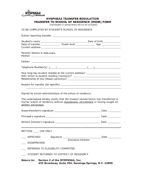 NYSPHSAA Transfer Regulation Form