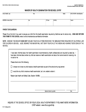 California School Entry Health Exam Waiver