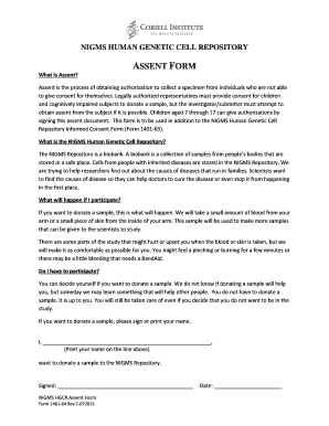 NIGMS Human Genetic Cell Repository Assent Form