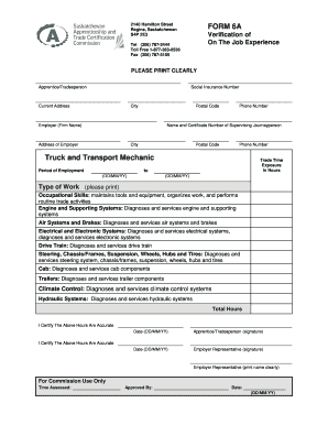 Canada Truck and Transport Mechanic Experience Verification Form