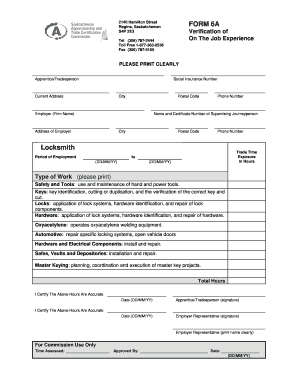 Canada Locksmith Apprenticeship Verification Form