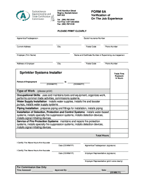 Saskatchewan Sprinkler Systems Installer Experience Verification Form