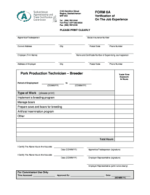 Saskatchewan Pork Production Technician Experience Verification Form