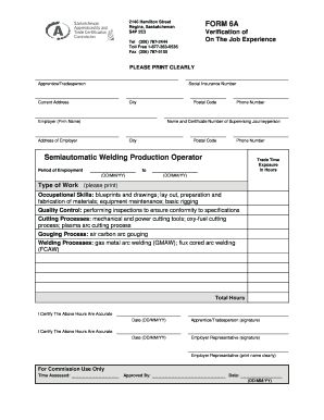 Saskatchewan Apprentice Experience Verification Form