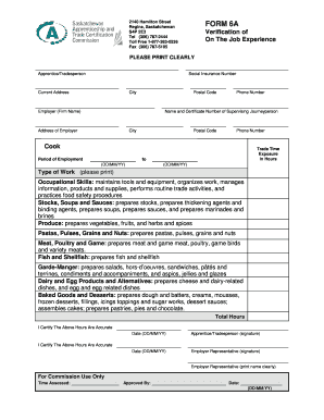 Saskatchewan Cook Apprentice On-The-Job Experience Form
