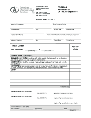 Verification of On The Job Experience Form 6A