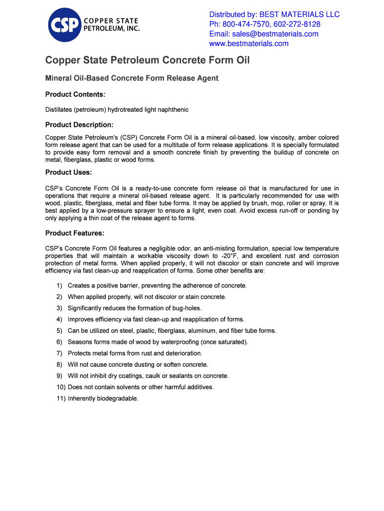 Fillable Online Copper State Petroleum Concrete Form Oil Best Materials Fax Email Print