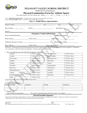 Physical Examination Form for Athletic Sports