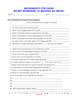 Money Worksheet 13: Reading an ESB Bill