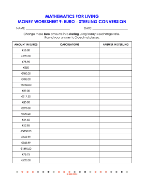 Money Worksheet 9 Euro Sterling Conversion