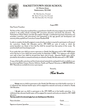 New Jersey Family Life and HIV/AIDS Education Opt-Out Form