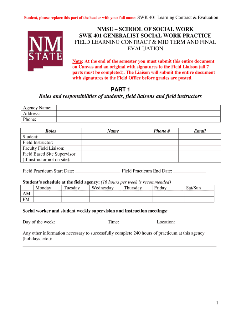 Fillable Online socialwork nmsu NMSU SCHOOL OF SOCIAL WORK SWK 401