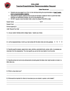 College Teacher Recommendation Request Form