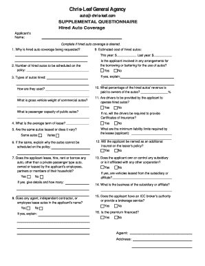 Supplemental Questionnaire for Hired Auto Coverage