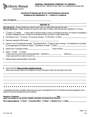 Insurance Professionals Errors and Omissions Insurance Supplemental Application