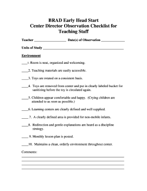 Early Head Start Teaching Staff Observation Checklist