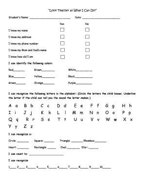 Head Start Student Skills Assessment Form