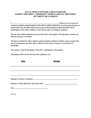 Head Start Emergency Medical Consent Form