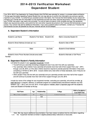 2014–2015 Verification Worksheet Dependent Student