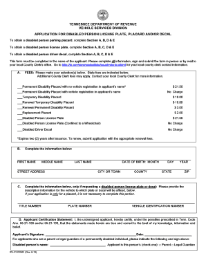 Tennessee Disabled Person License Plate Application