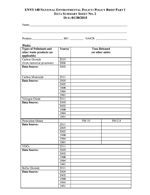 National Environmental Policy Data Summary Sheet