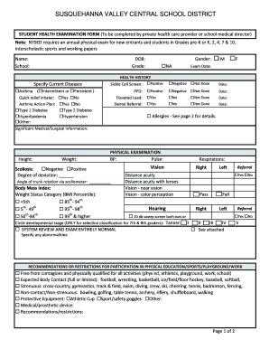 New York Student Health Examination Form