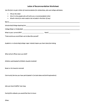 Letter of Recommendation Worksheet