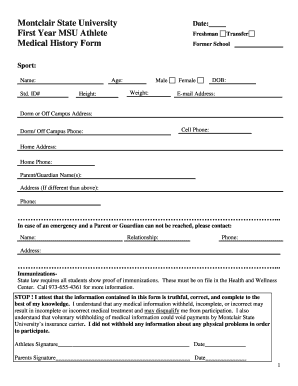 Montclair State University Medical History Form