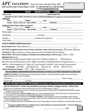 AFC Vacations Tour Reservation Form