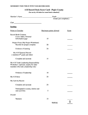 4-H Record Book Score Card