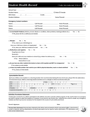 Student Health Record Form