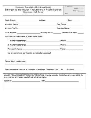 Emergency Information Form for School Volunteers